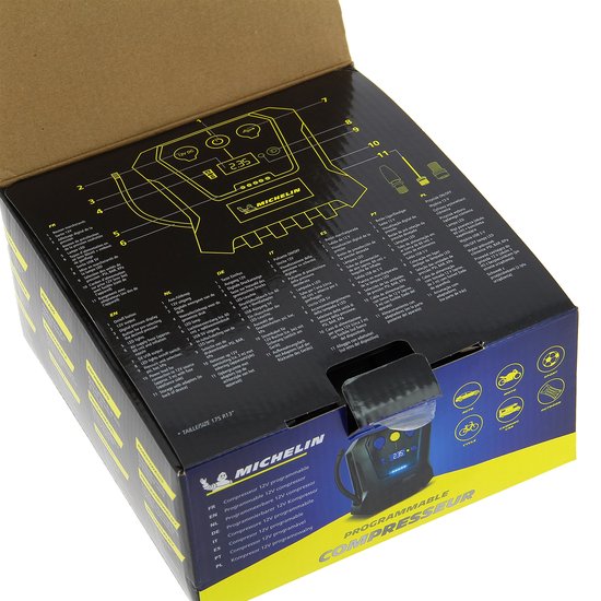 Michelin Compressor Bandenpomp 12V - Instelbare luchtdruk (0,05-7 bar) - Met USB-poort - Elektrische Bandenpomp - Fiets/Auto/Motor/Bal/Luchtbed - Met diverse mondstukken