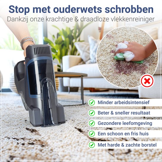 Innovixpro® Tapijtreiniger – Vlekkenreiniger – Krachtige – Bank reiniger – Reinigingsmachine – Sproeifunctie – 2 Opzetstukken – 45 Minuten Accuduur – Draadloze Vlekkenreinger ! – Zwart