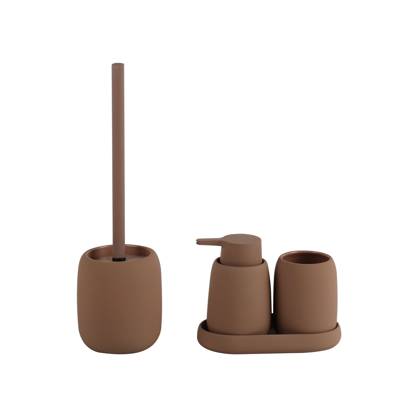 Furnihaus Keramische Badset 4-Delig – Bruin Met Rubber Coating – Stoneware Badkamer Accessoires