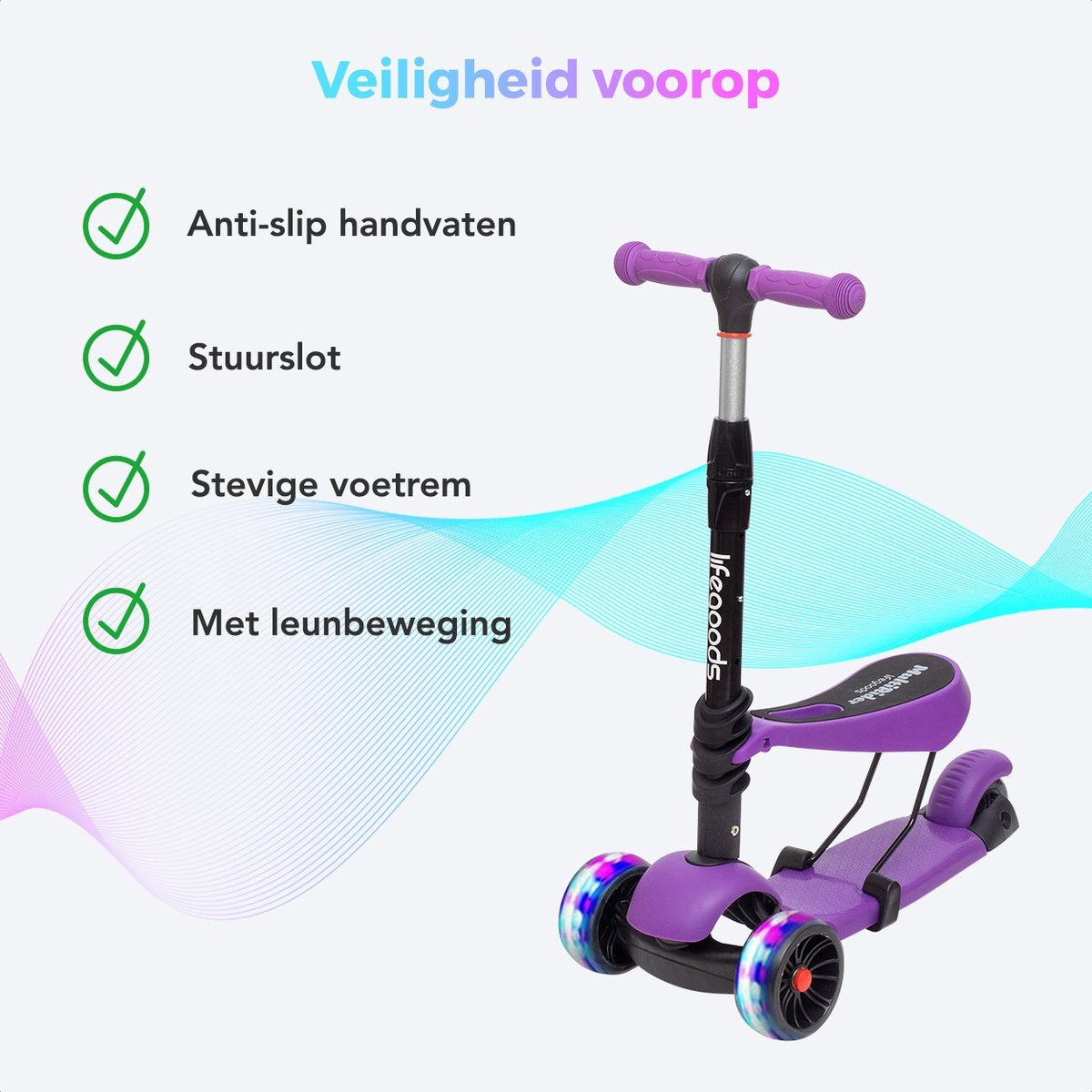 LifeGoods MultiRider Kinderstep - Step 3-8 Jaar - Verstelbaar Zitje - Lichtgevende Wielen - Jongens/Meisjes - Paars
