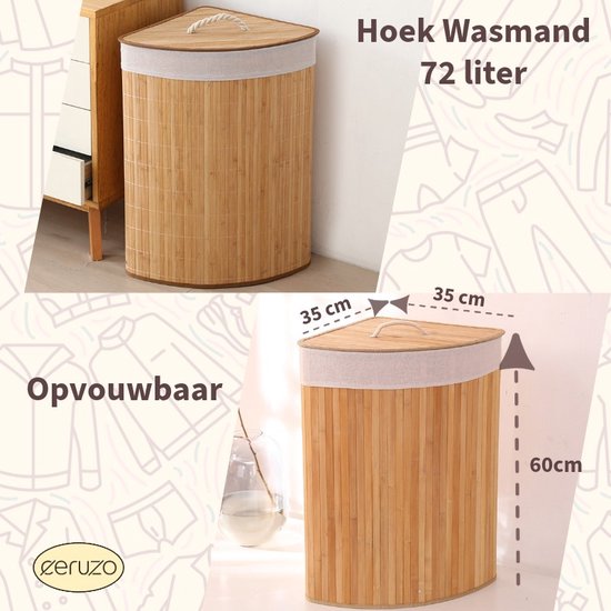 Ceruzo Bamboe Wasmand - Hoek Model - 72L - Vouwbaar - Deksel - 35 x 35 x H 60 cm- Naturel