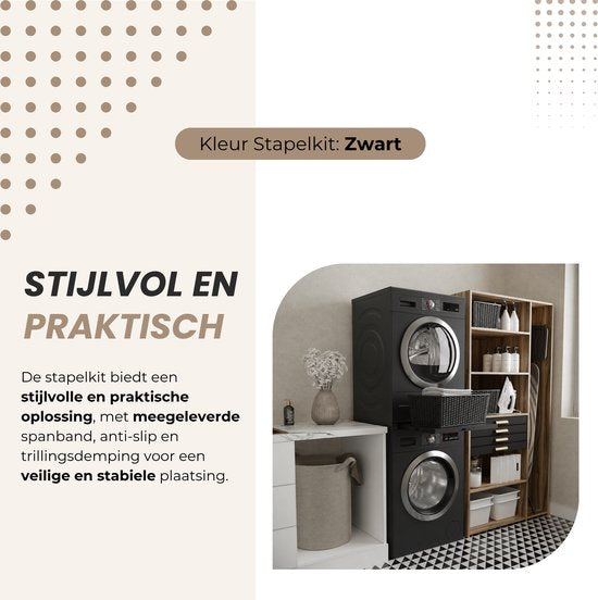 Dastium Home - Zwarte Stapelkit Wasmachine en Droger - Stapelset Wasmachine en Droger - Tussenstuk Wasmachine en Droger - Universeel - Zwart