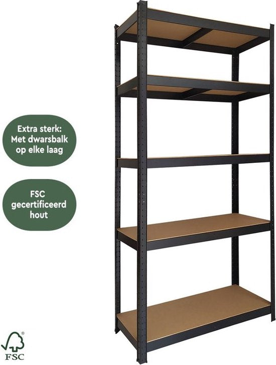 BRASQ Stellingkast Zwart Set van 2 - Metalen Opbergrek - voorraadkast - wandkast - Magazijnstelling 180x90x40 - 5 lagen - 175 KG per plank - max 875 KG