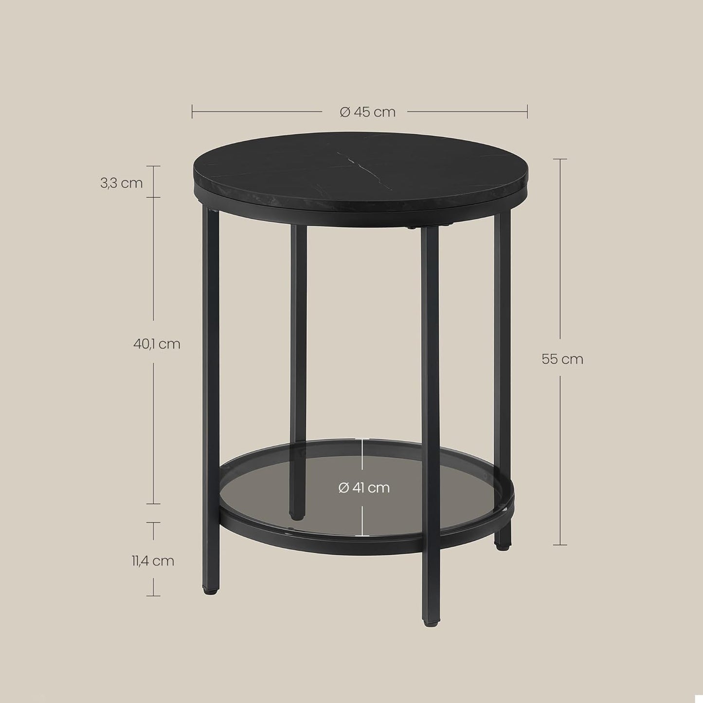 Vasagle Ronde Bijzettafel met 2 Niveaus - Marmerzwart Tafelblad - Inktzwart Stalen Frame - Gehard Glas - Ø45 x 55 cm