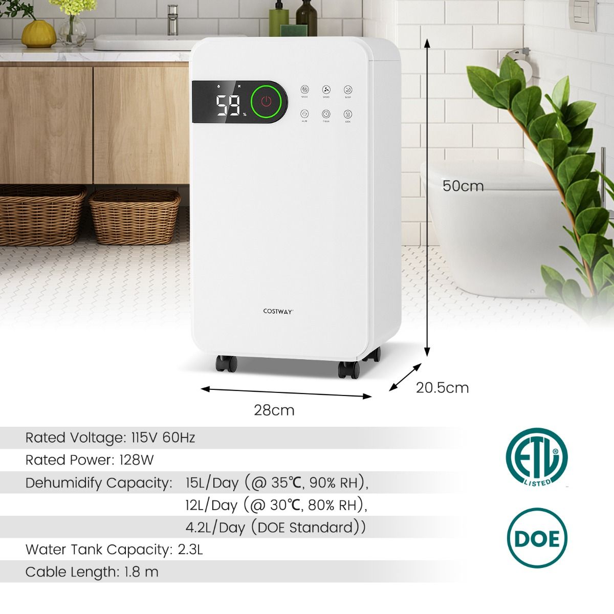 Coast Luchtontvochtiger - 2,3 liter waterreservoir - Slaapmodus - 24-uurs timer - Wit
