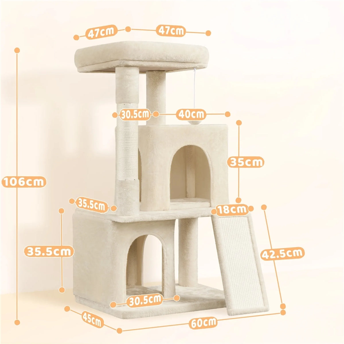 Yaheetech Krabpaal Met 2 Kattenhuisjes – Voorzien Van Sisal Krabpaal En Krabplank En Uitkijkplatform – Voor Kleine En Middelgrote Katten – Beige Pluche En Spaanplaat – 60 x 45 x 106 cm