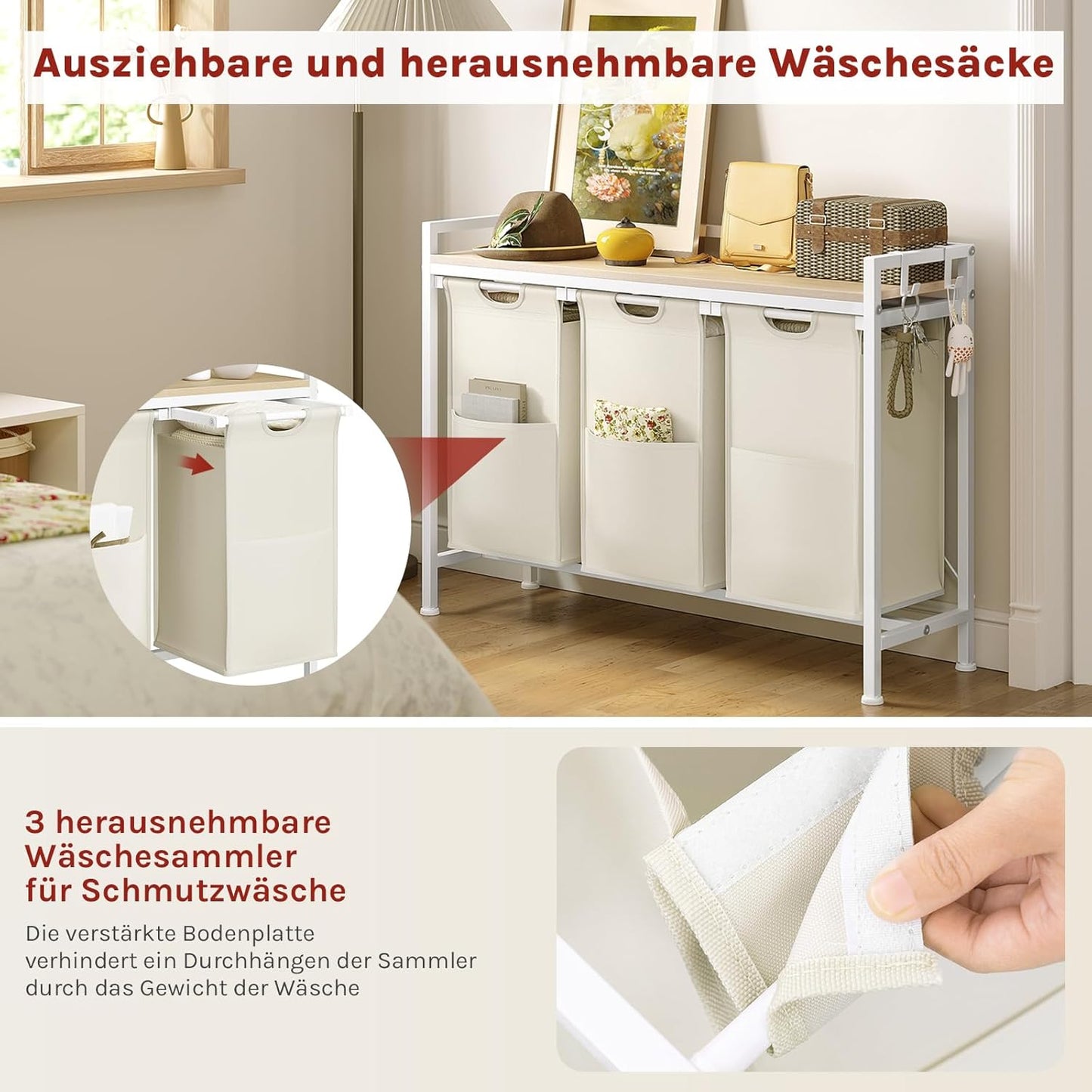 WOLTU - Wasmand met 3 vakken 3x40 l - Was sorteerder met plank - Wit en licht eiken 96 x 71 x 30 cm