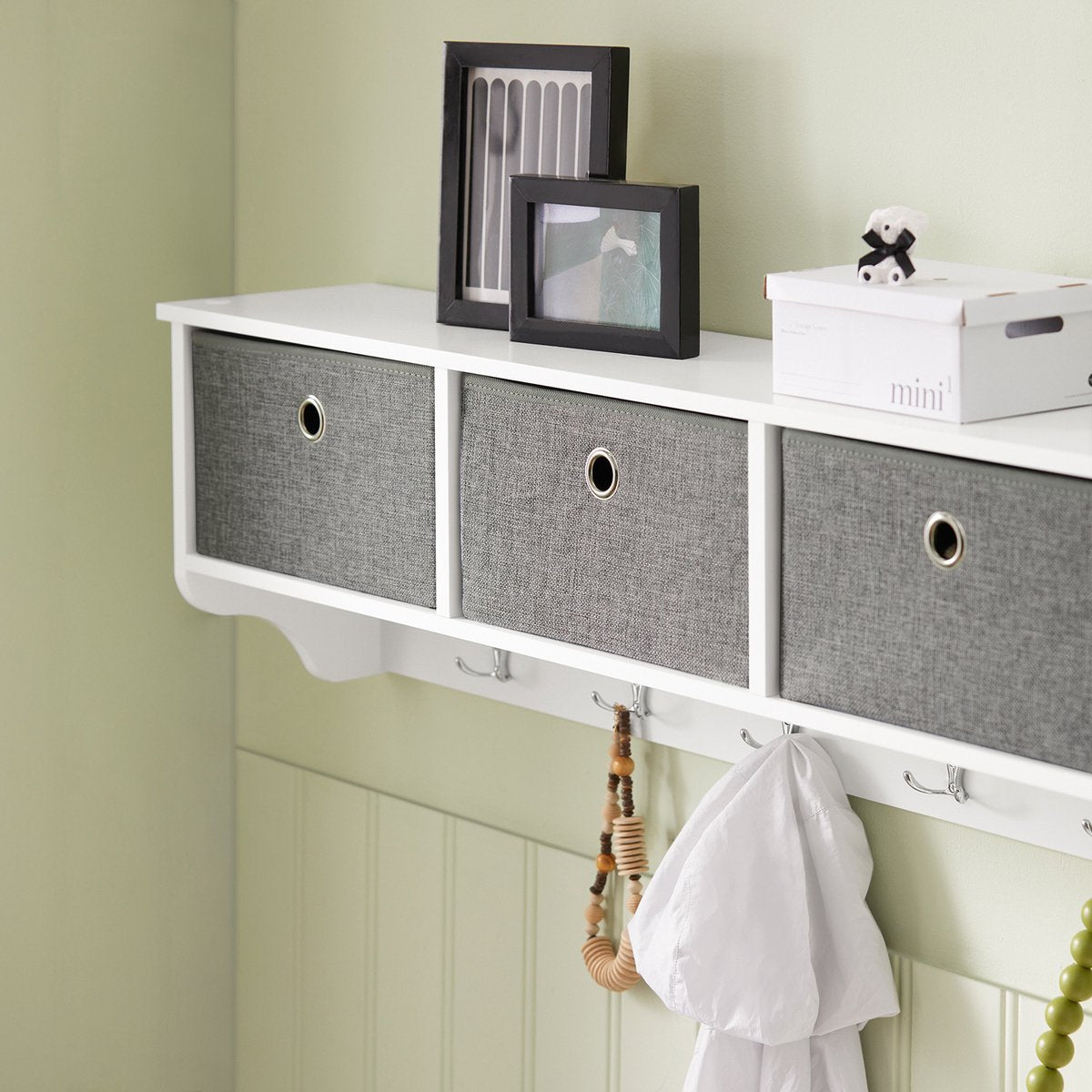 SoBuy FRG282-W Wandkapstok met 3 Lades – Kapstok met 5 Haken & Opbergvakken, Wandrek Halmeubel, Wit-Grijs, 100x20x30cm