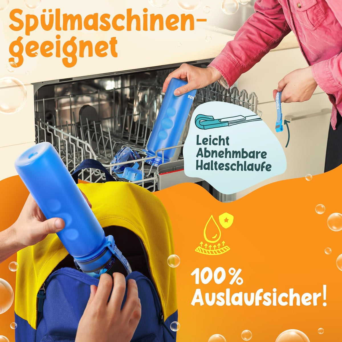 Funkelfuchs® - Drinkfles voor kinderen - 500ml, blauw - koolzuurhoudend - 100% lekvrij - waterfles vaatwasmachinebestendig - voor kleuterschool, school, sport