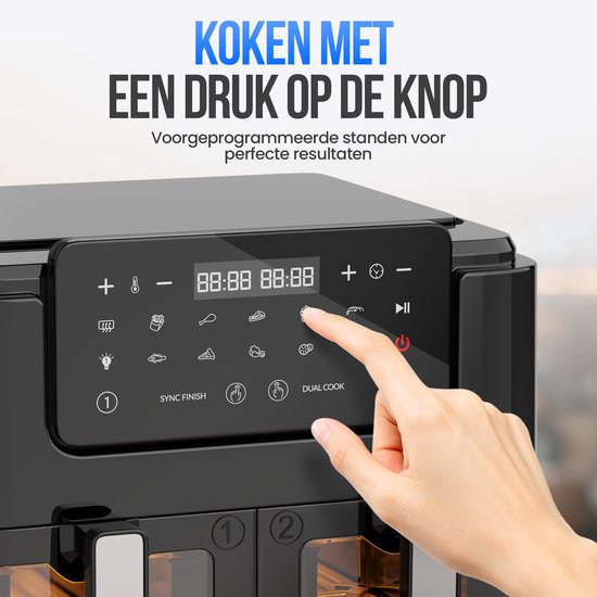 Strex Airfryer XXL - 10L - 2500W - Heteluchtfriteuse - Dubbele Airfryer - 50ºC tot 200ºC - 10 Kookprogramma's - Zwart