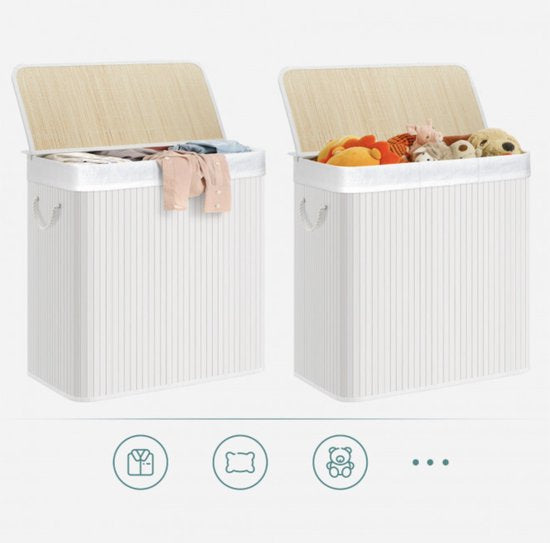 SONGMICS - Wasmand 150 liter - 3 sorteervakken - 60x40x61.5 - bamboe met stof - wit LCB091W01