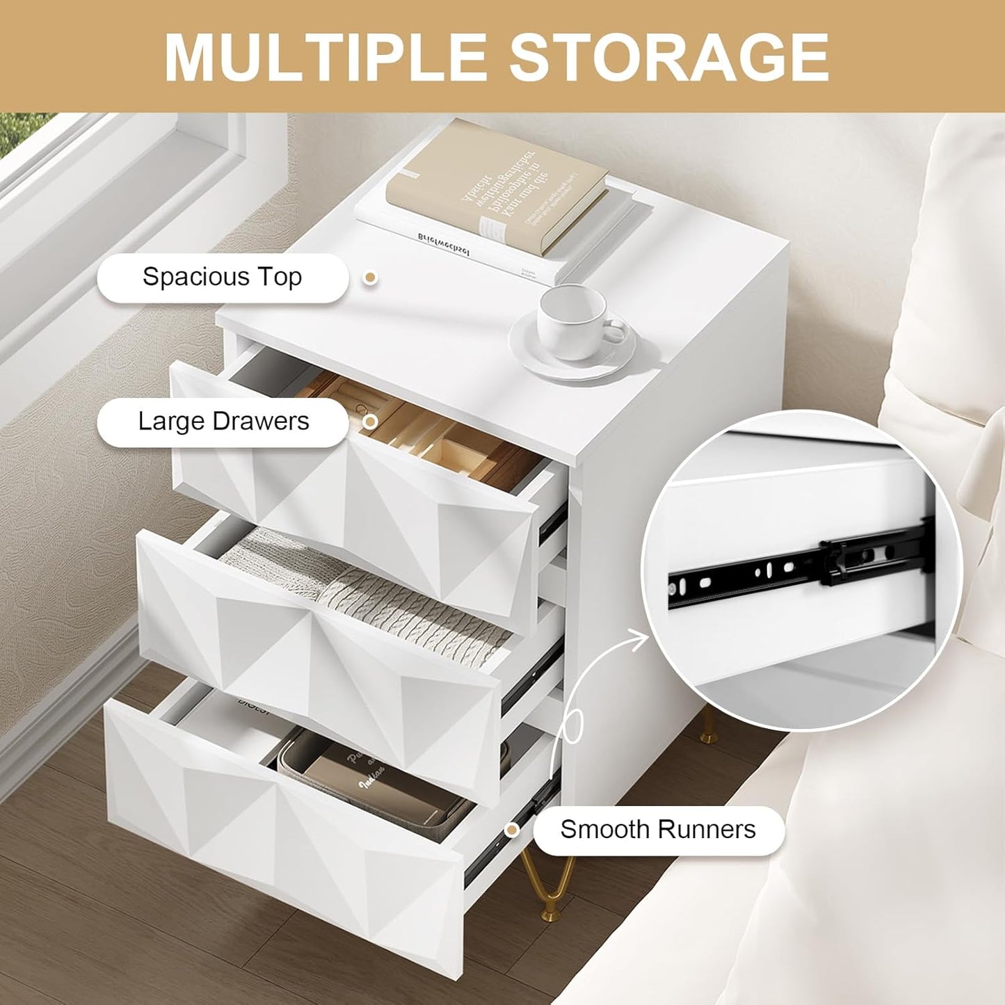 Eugad Nachtkastje met 3 Lades – 40x40x62,5 cm – Wit met Goud – Modern 3D Design