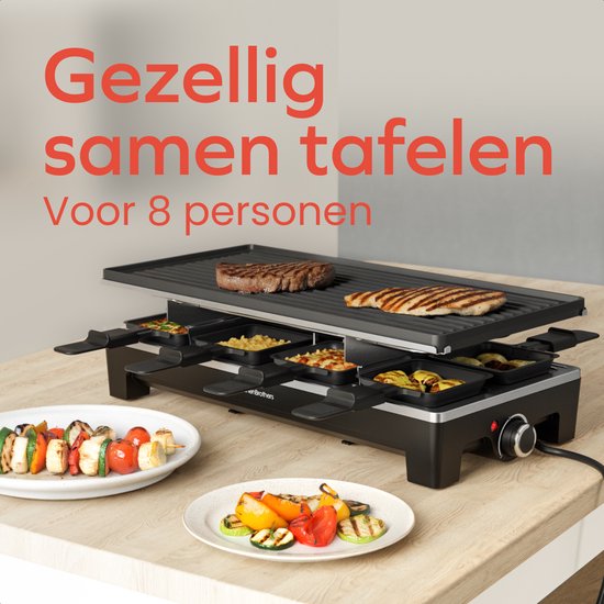 KitchenBrothers Gourmetstel - 1500W - Gourmetplaat 8 Personen - Set met Pannetjes en Spatels - 46,5 x 23 cm - Zwart