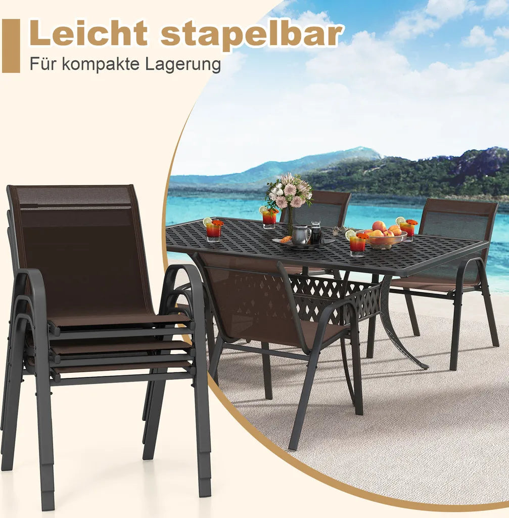 COAST Set van 4 stapelbare tuinstoelen, balkonstoelen, terrasstoelen, stapelbare stoelen met armleuningen tot 150 kg, 56 x 70 x 84 cm, bruin