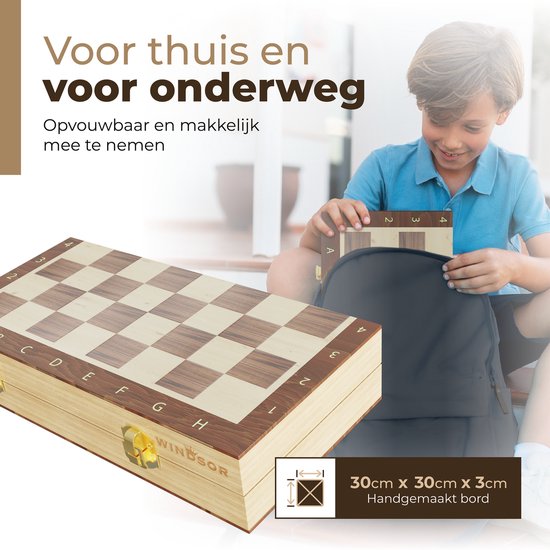 Windsor Schaakbord - met Schaakstukken - 30 cm - Annotaties - Schaakset - Magnetisch Schaakspel - Chess Set - Hout
