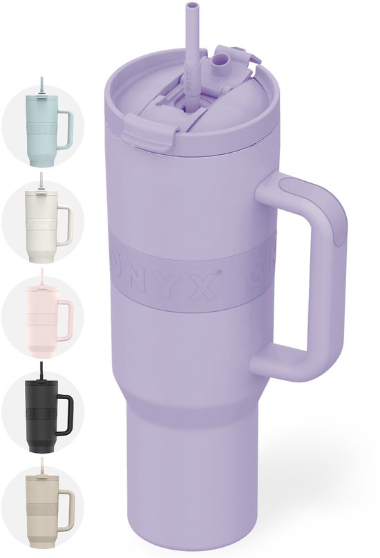 ONYX Drinkfles met Rietje 1.2 Liter - Waterfles voor Kinderen & Volwassenen - Thermosbeker RVS Travel Mug - Motiverende Drinkbus - Drinkbeker voor School - Pastel Purple