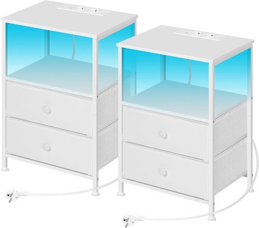 Woltu Nachtkastje met Stopcontact en Ledverlichting - Set van 2 - Wit - 40x30x60 cm