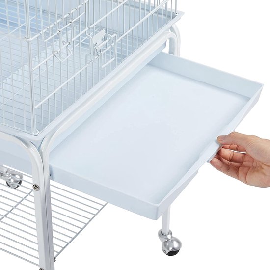 Yaheetech Vogelkooi voor Wellensittich, Kanarie en Papegaai - met Standaard, Speelgoed en Opbergruimte - Wit - 46,5 x 46,5 x 136 cm