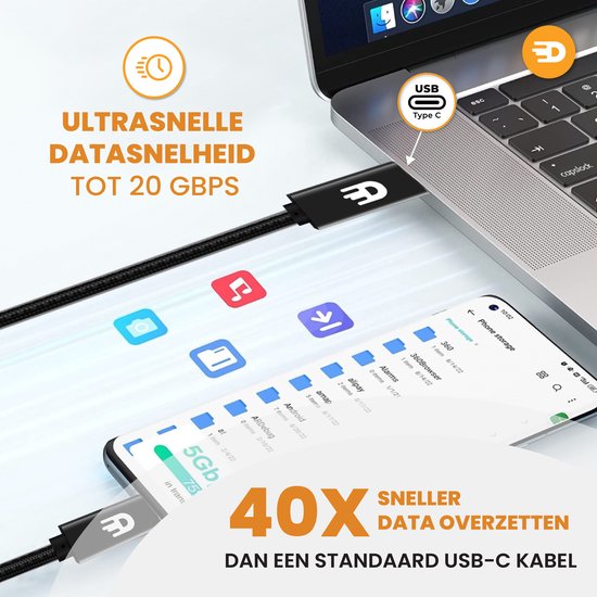 Drivv. USB C Kabel naar USB C 3.2 - 100w Snellader - 3 Meter - 4K 60Hz - 20GBs - Geschikt voor Samsung, Macbook, iPhone 15 & Meer - Nylon Kabel - Zwart