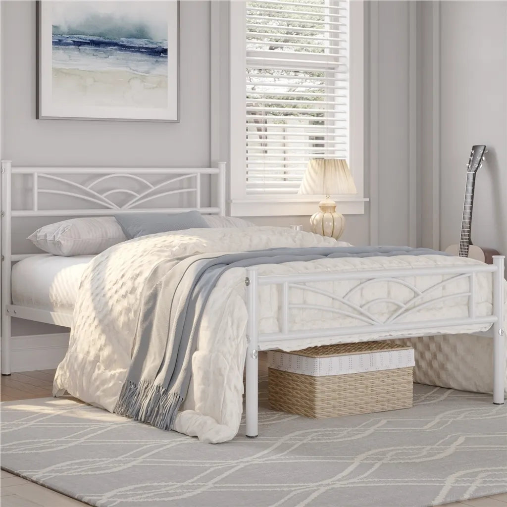 Yaheetech Metalen Bedframe Wit – 90 x 200 cm – Wolkenpatroon Hoofdbord – 207,5 x 96,5 x 88,5 cm