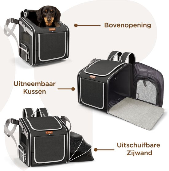 TrevoPet® Hondenfietsmand Voorop - 4-in-1 Fietsmand Hond, Draagtas, Rugzak & Autostoel - Geschikt voor Alle Fietsen - Voor Honden tot 8 kg - Zwart