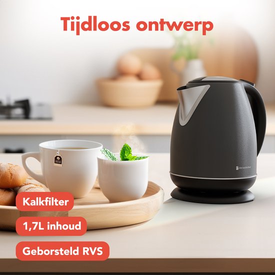 KitchenBrothers Waterkoker - Elektrisch - 1,7L - Met Kalkfilter - Titanium Grijs/RVS