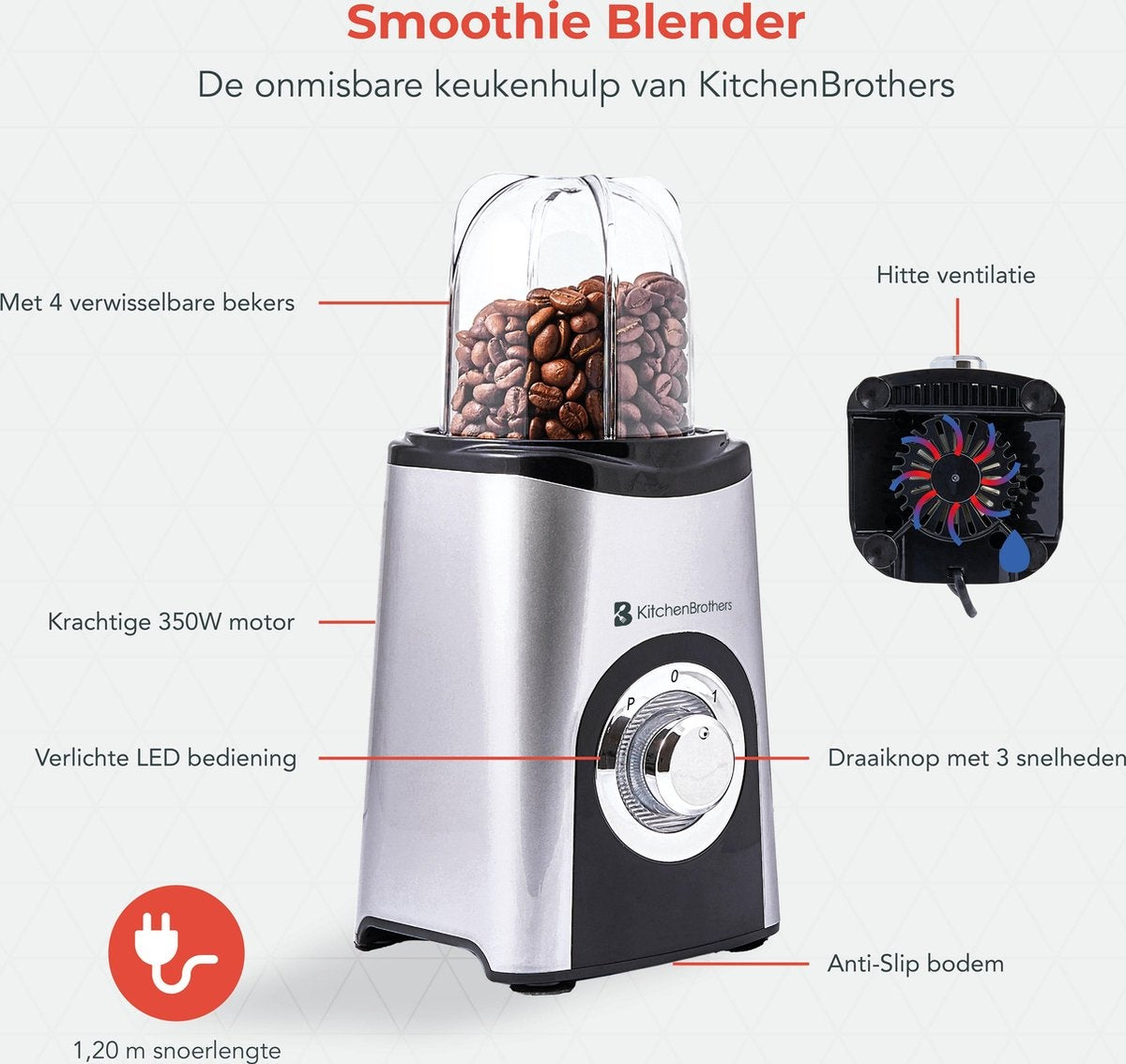 KitchenBrothers Smoothie Blender - 2-in-1 Mini Blender - 4 Bekers - Zilver