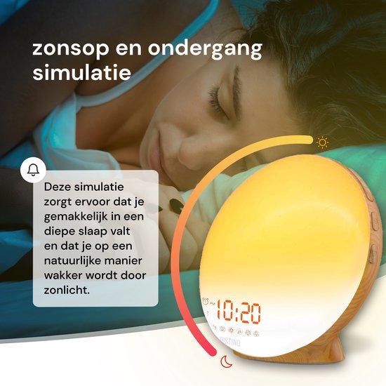 DistinQ Wake-Up Light – Wekkerradio met dubbele wektijd – Slaaphulp met USB aansluiting - Houtkleurig