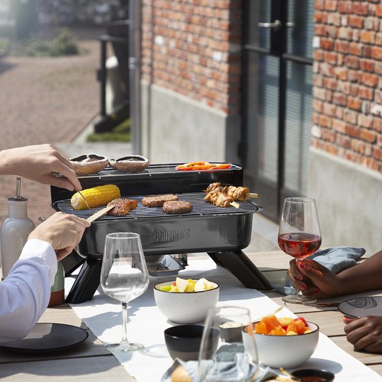 Princess 112252 Hybride Barbecue – 2000W – Elektrisch of Houtskool BBQ – Compact Tafelmodel – Ideaal voor Balkon & Camping – 44x29 cm