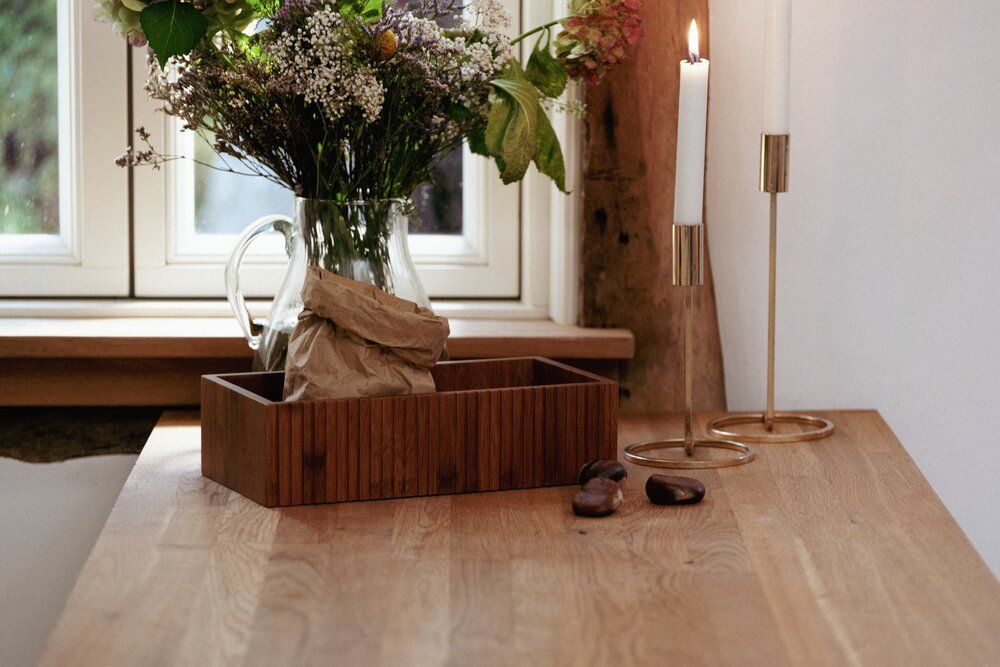 WENKO Mera Opbergdoos Gerookt Bamboe - 30 x 15 x 8 cm - Gegroefd Design