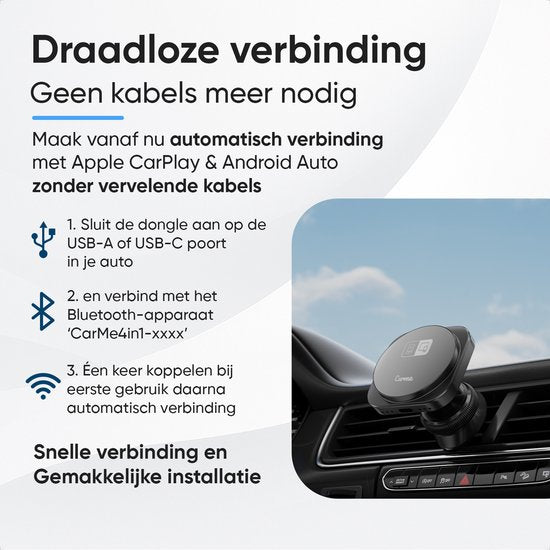 CarMe 4-in-1 CarPlay Dongle Pro - Met Draadloze Oplader - Draadloos CarPlay & Android Auto - Android Auto Dongle - MagSafe Autohouder - Zwart