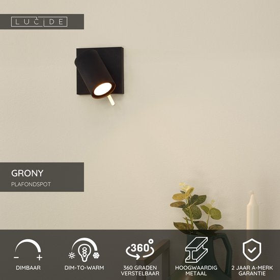 Lucide GRONY - Plafondspot (Plafondlamp) - LED Dim to warm - GU10 - 1x5W 2200K/3000K - Zwart