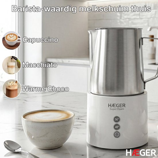 Haeger Super Foam Elektrische Melkopschuimer - BPA- & PFAS-Vrij - Warmhoudfunctie & Antikleeflaag - 250 ml - 600W - Handige Melkschuimer - Melkklopper - Wit