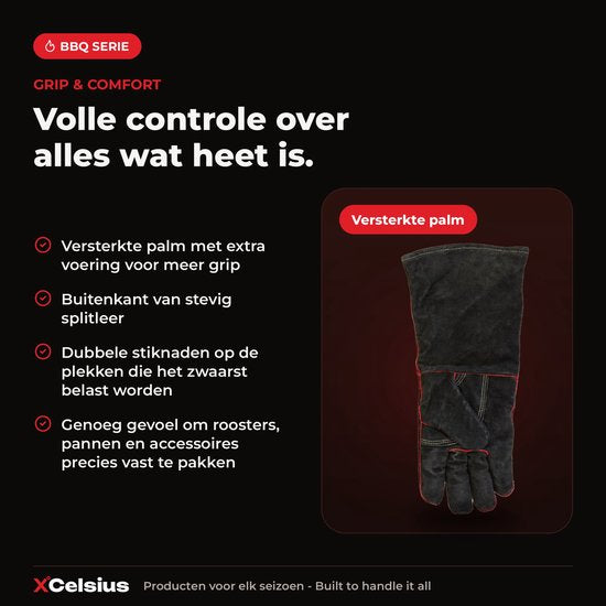 XCelsius® BBQ Handschoenen Splitleer – TÜV Gecertificeerd EN407 – Hittebestendige Barbecue Handschoenen en Ovenhandschoenen – Voor Kamado, Gietijzer, Roosters en Heat Deflectors – Cadeaus voor Mannen – 1 Paar – Zwart met Rood