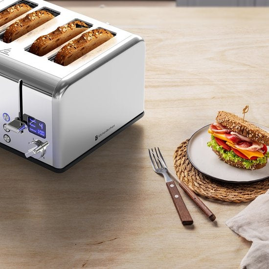 KitchenBrothers Broodrooster - Toaster - 6 Warmteniveaus - 4 Extra Brede Sleuven - 1630W - RVS/Zilver