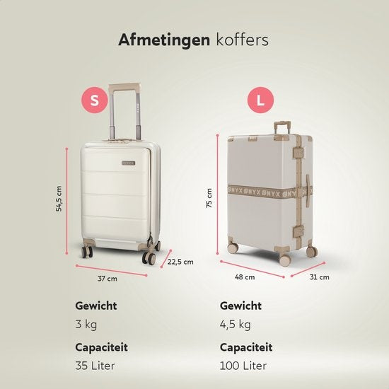ONYX 2-delige Kofferset - Handbagage met voorvak en Check-in koffer - 35L/100 L - TSA slot - Lichtgewicht Trolley - Aluminium sluiting - Beige