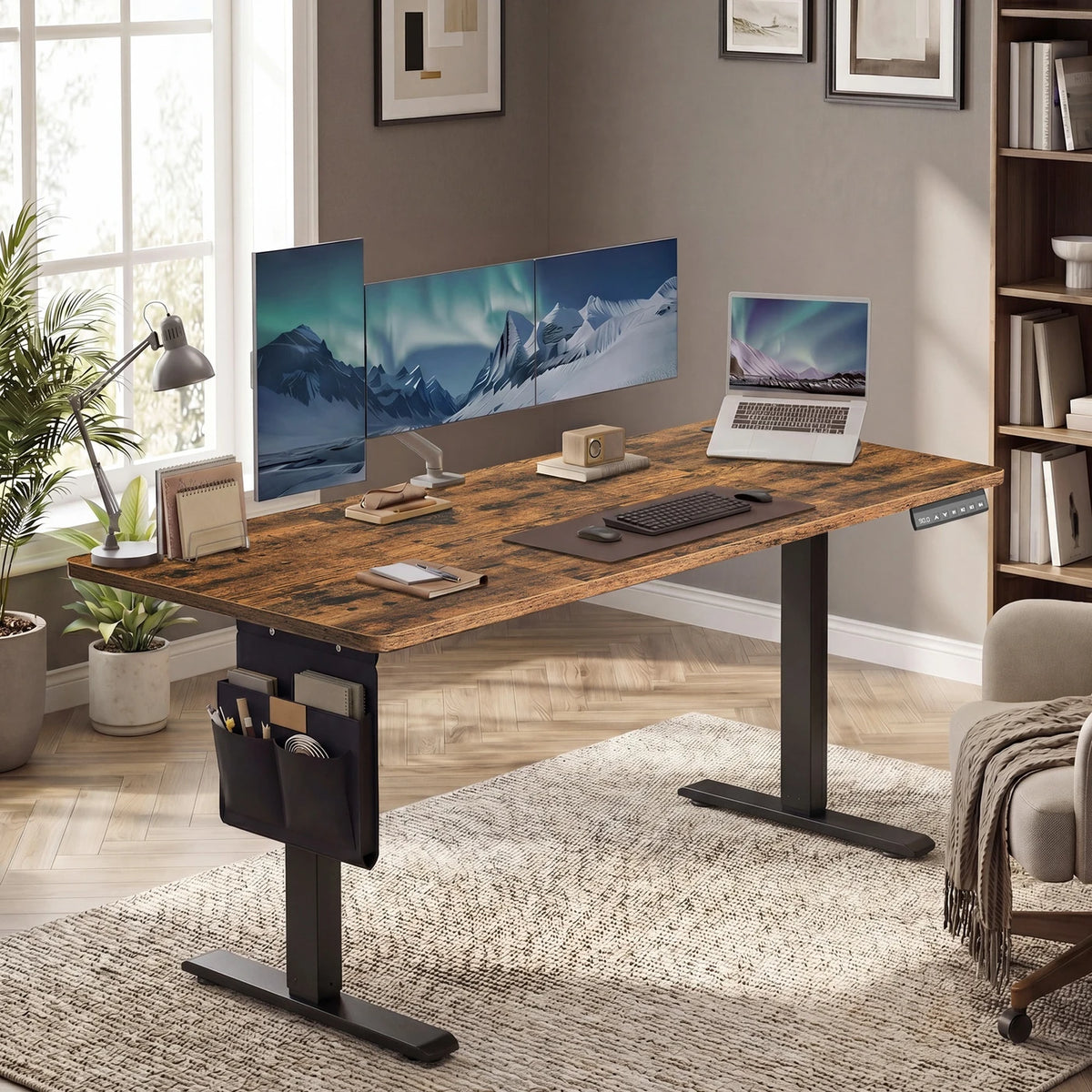 Joyfurnos Elektrisch Zit-Sta Bureau 140 x 60 cm - In Hoogte Verstelbaar met Geheugenfunctie - USB-C - Bruin