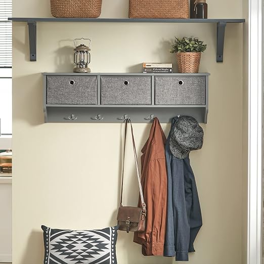 SoBuy FRG282-HG Wandkapstok – 3 Manden & 5 Haken – Grijs – 100 x 20 x 31 cm