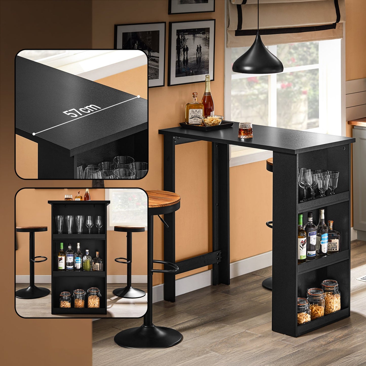 SoBuy FWT17-II-SCH Hoge Keukentafel – Staande Bartafel met Opbergrekken voor Kleine Ruimtes – Zwart – 112 x 57 x 106 cm
