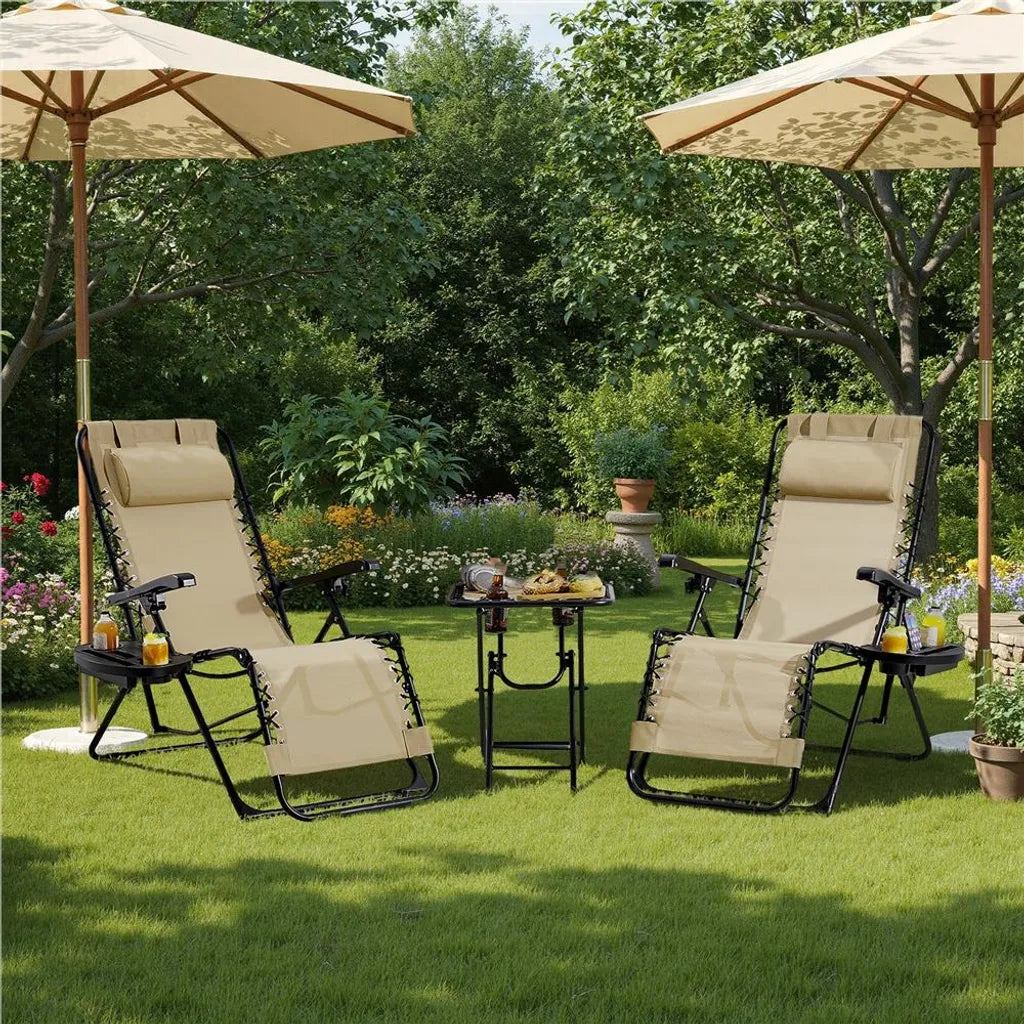 Yaheetech Set van 2 Ligstoelen met Bijzettafel - Beige - Opvouwbare Zero Gravity Tuinligstoelen met Hoofdkussen en Bekerhouders