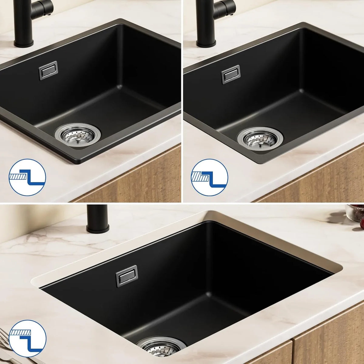 Cecipa Max Granieten Spoelbak 55 x 44 cm - Onderbouw en Opbouw - Geluiddempend met Sifon - Zwart