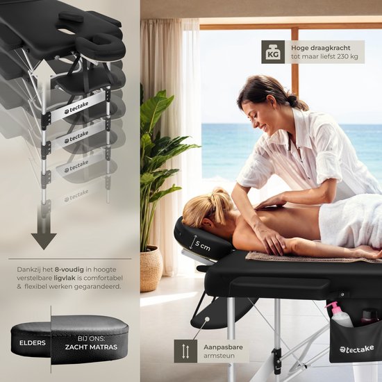 tectake® 3-Zones Massagetafel – 70cm Breed – Behandelbank met 5cm Dikke Vulling en Aluminium Frame – Inclusief 15 Hoofdsteundoekjes en Draagtas – Max Draagvermogen 230kg – Zwart