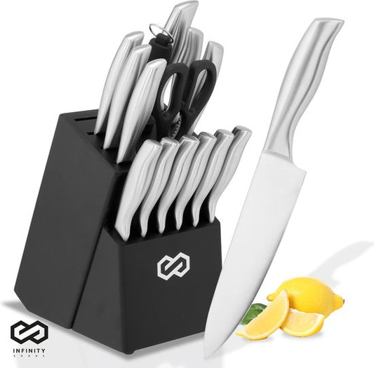 Infinity Goods Messenset - Messenblok - 16 Delig - Met Blok, Messenslijper En Schaar - Krasbestendig - RVS - Zilver/Zwart