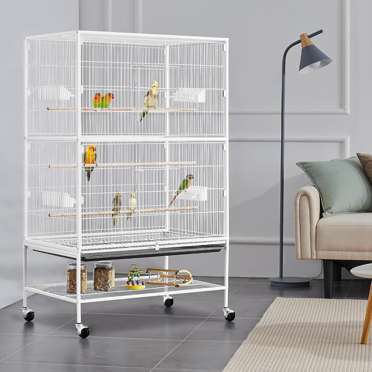 Yaheetech Vogelkooi met Standaard – 79 × 51,8 × 132 cm – Wit – Parkietenkooi met Wielen, 3 Houten Zitstokken en 4 Voederbakken