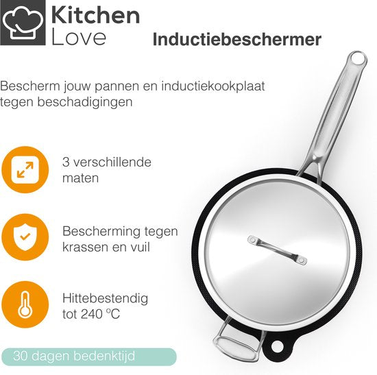 KitchenLove Inductie Beschermer - Mat Rond - 4 Stuks 3 Maten - Panbeschermer Matjes - Hittebestendig tot 240°C - Zwart