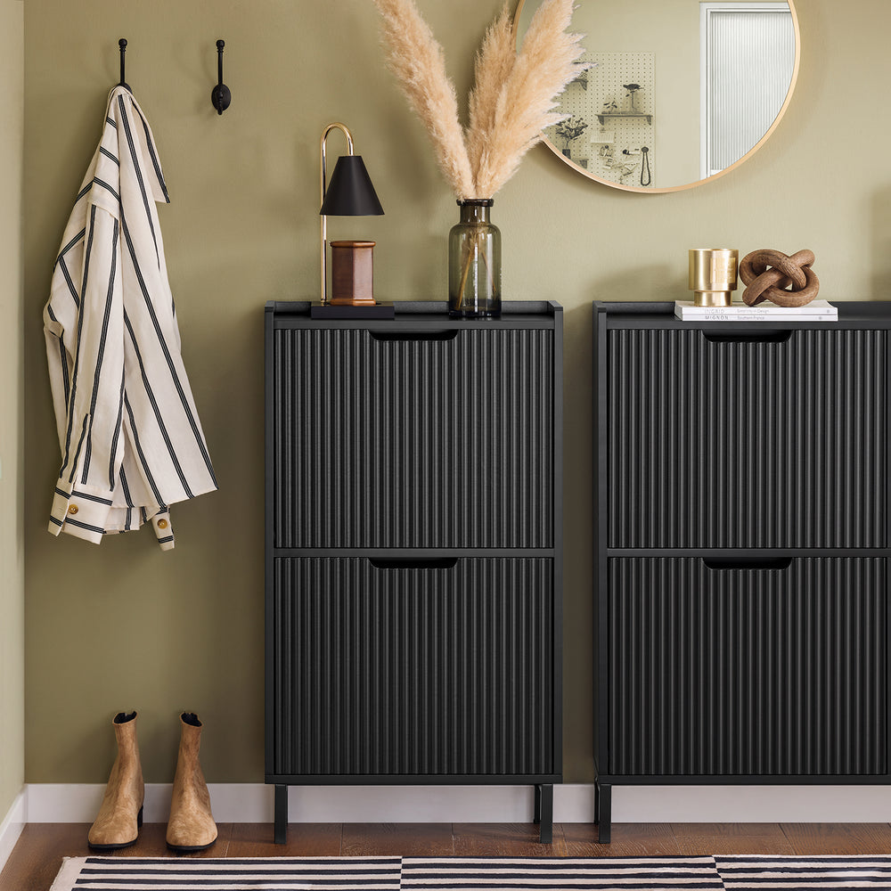 SoBuy FSR177-SCH Schoenenkast met 2 kleppen schoenenkast smal schoenenrek met 4 legplanken schoenencommode schoenenrek zwart