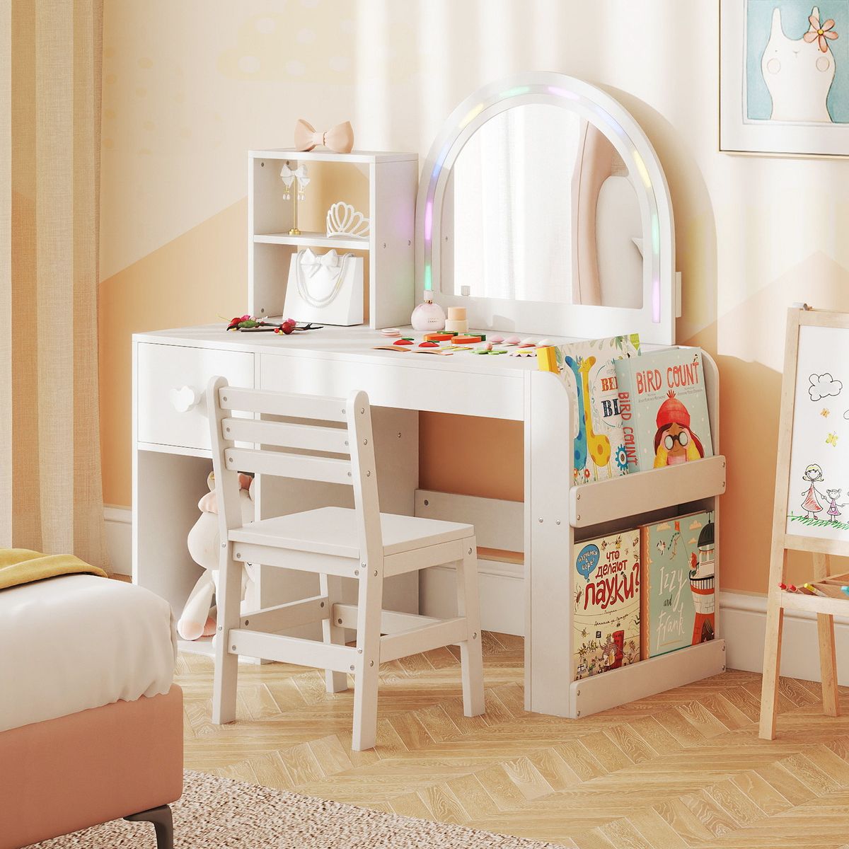 Coast Kinderkaptafel met Stoel - Verlichte Spiegel - Opbergruimte - Roze en Wit