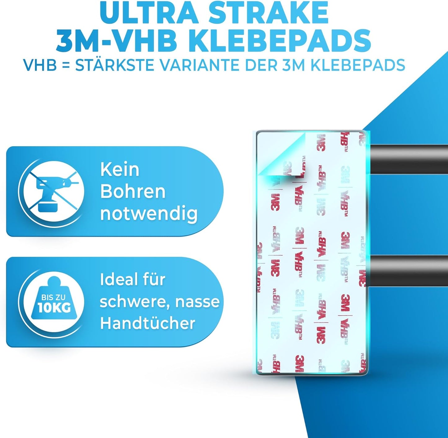 LOBUX® - Handdoekstang zonder boren zwart - 60cm, roestvrij staal - Handdoekstang badkamer dubbel, zelfklevend - Handdoekstang, handdoekstang met 2 handdoekhaken - Badkamer, douchewand, keuken