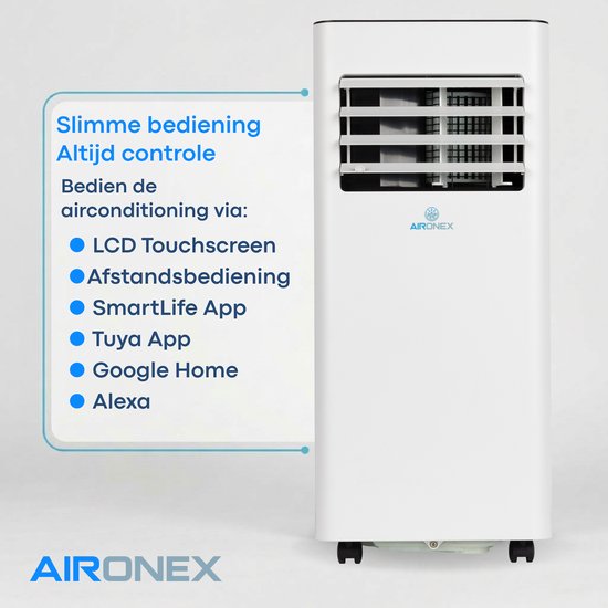 Aironex Mobiele Airco 7000 BTU – App & Afstandsbediening – Stil & Compact – Mobiele Airconditioner met Raamafdichting - Mobiele Airco voor Slaapkamer, Woonkamer, Kantoor