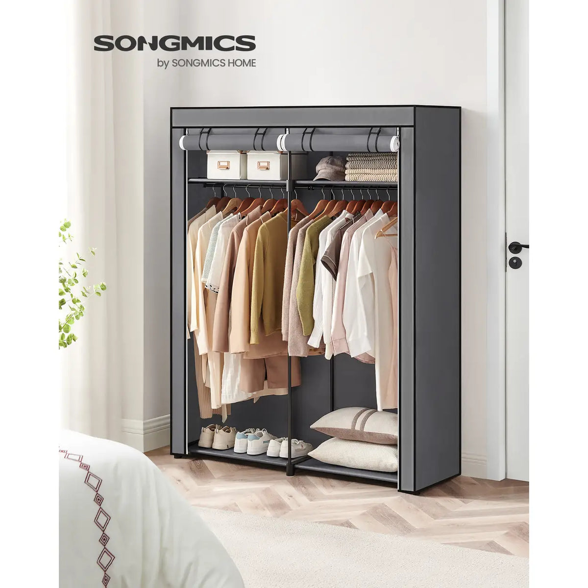 Joyfurnos Opvouwbare Stoffen Kledingkast met Dubbele Rail - 2 Deuren - 43 x 140 x 174 cm - Grijs